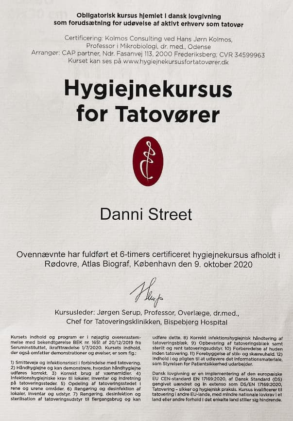 Hygiejnebevis for tatovører. Gennemført hygiejnekursus